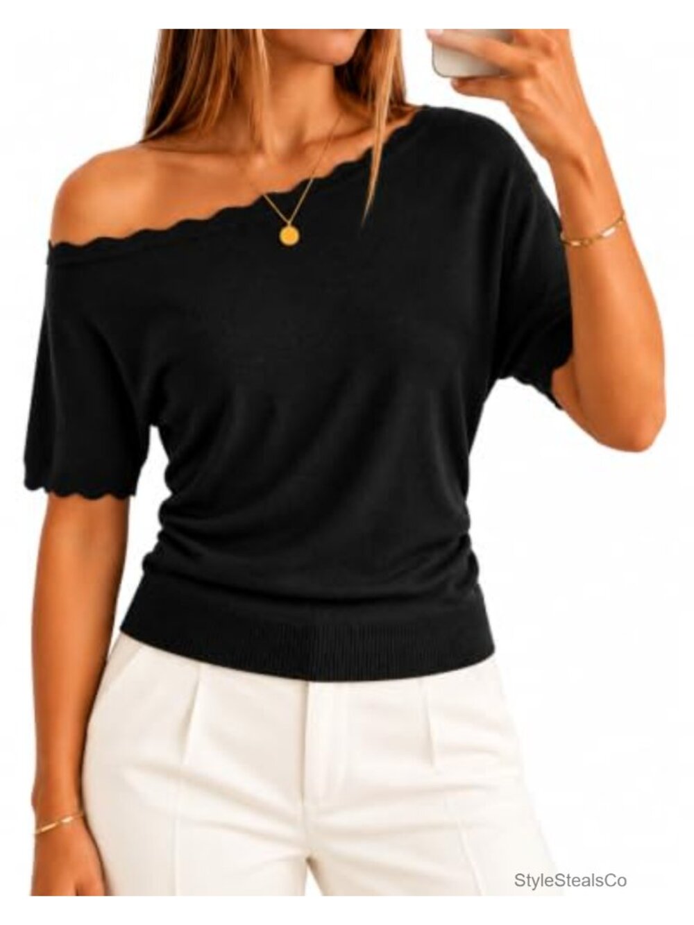 Off Shoulder Boat Neck Scalloped Short Sleeve Knit Sweater Top Slim Fit